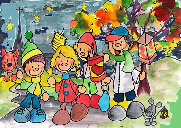 Bild gemalt: Martinsumzug mit Kindern und Laternen