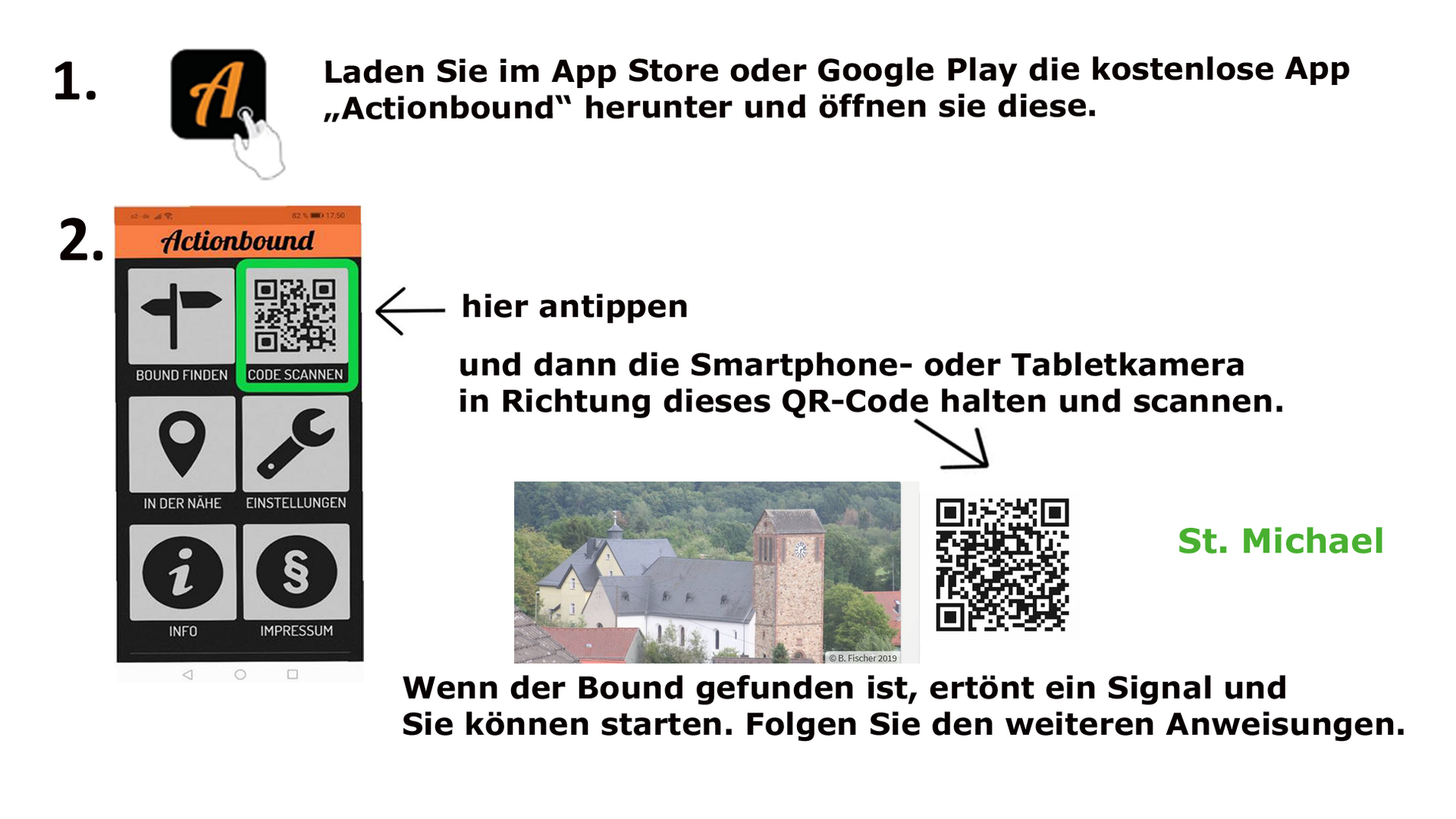 Anleitung und QR-Code für den Kirchenführer St. Michael in Niedernhausen-Oberjosbach für Erwachsene
