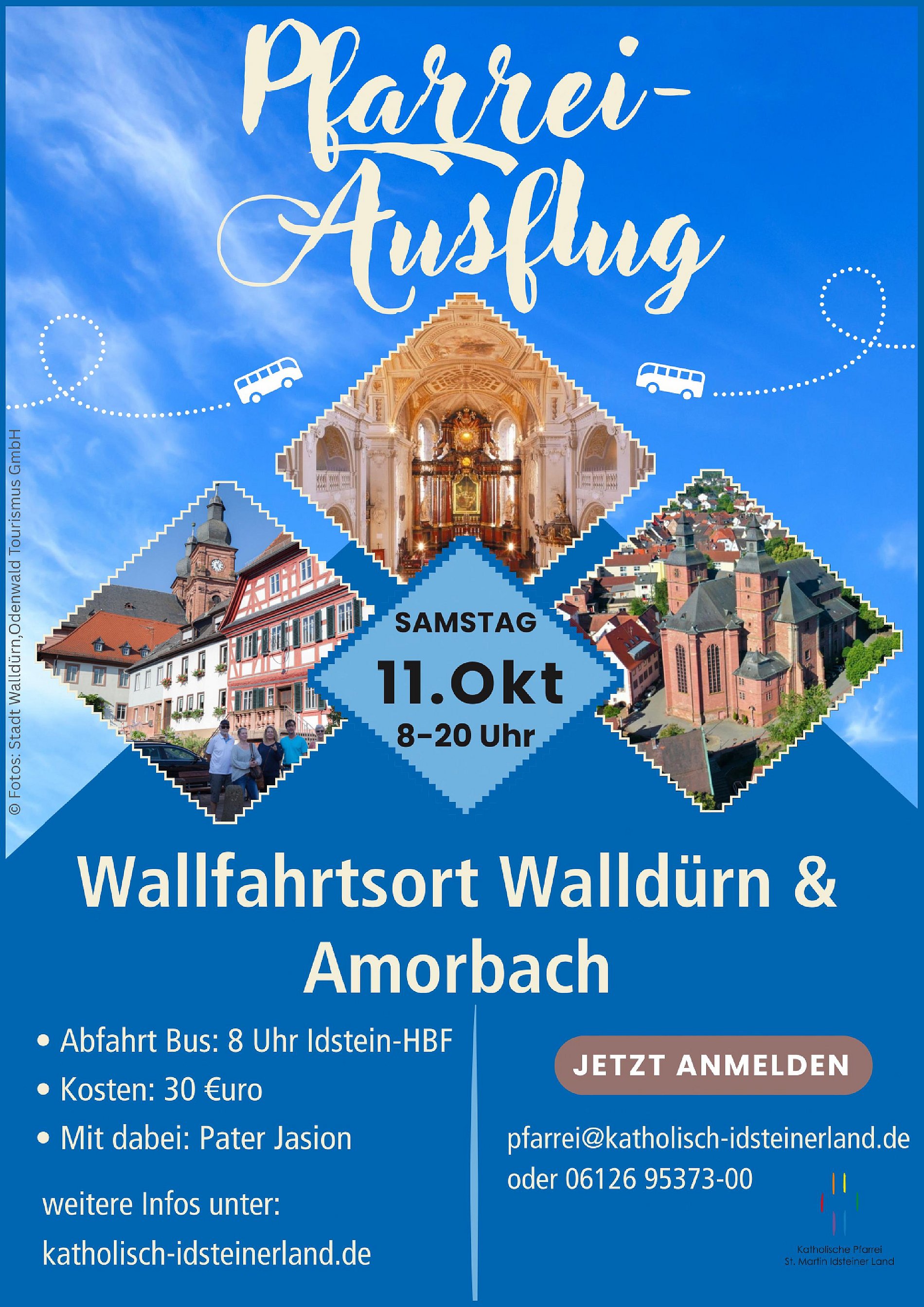 Plakat zum Pfarreiausflug mit drei Fotos der Städte und Informationen