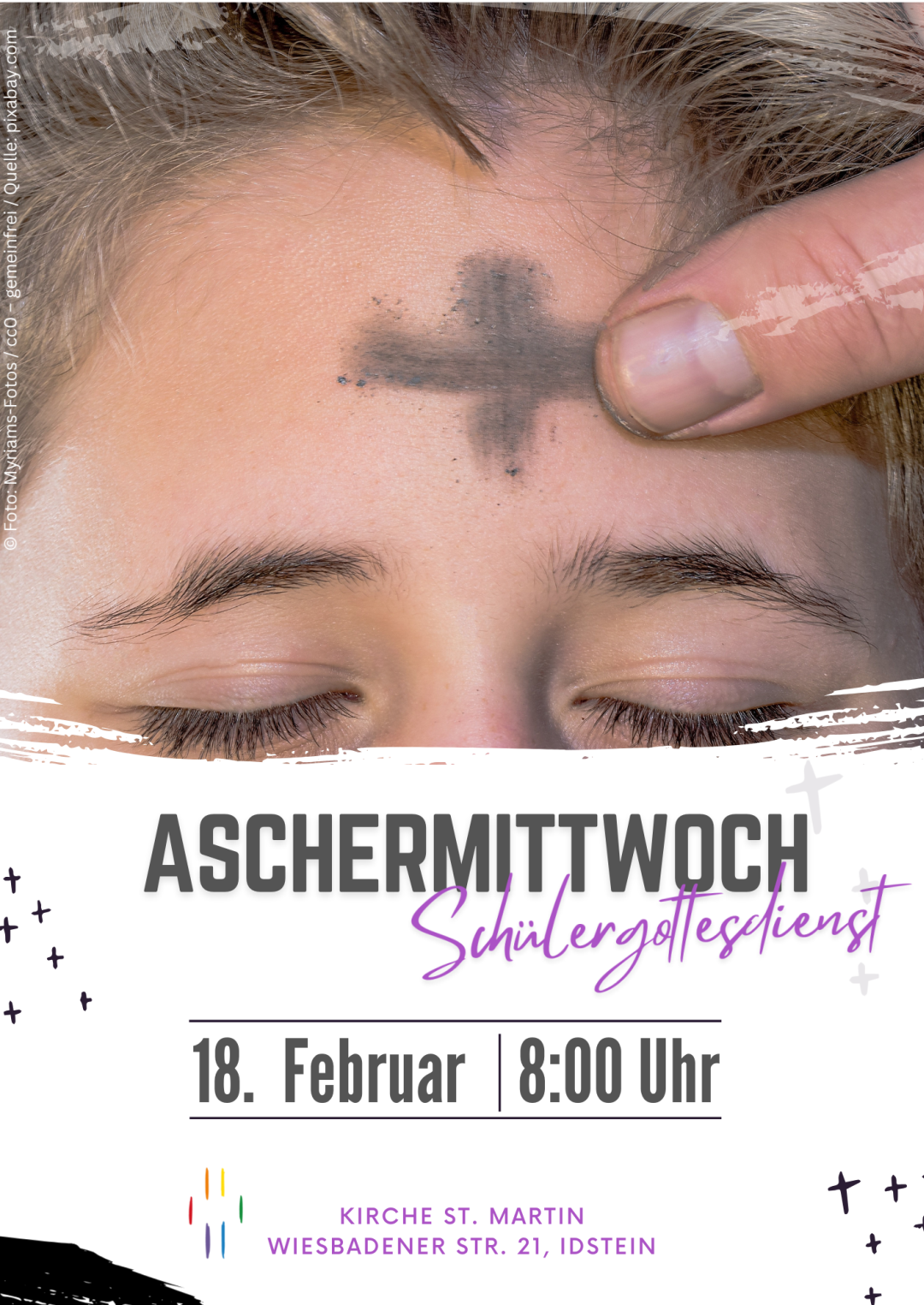 Plakat auf dem eine Stirn gerade das Aschekreuz gezeichnet bekommt.
