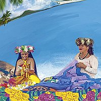 farbenfrohes Plakat zum Weltgebetstag mit Frauen am Strand und Landestypischen Symbolen
