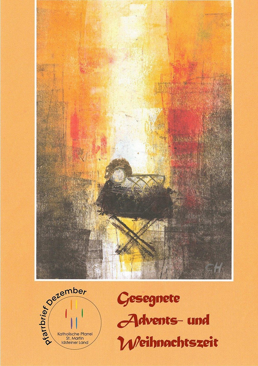 Umschlagseite des Pfarrbriefes mit einer Zeichnung von Jesus in der Krippe