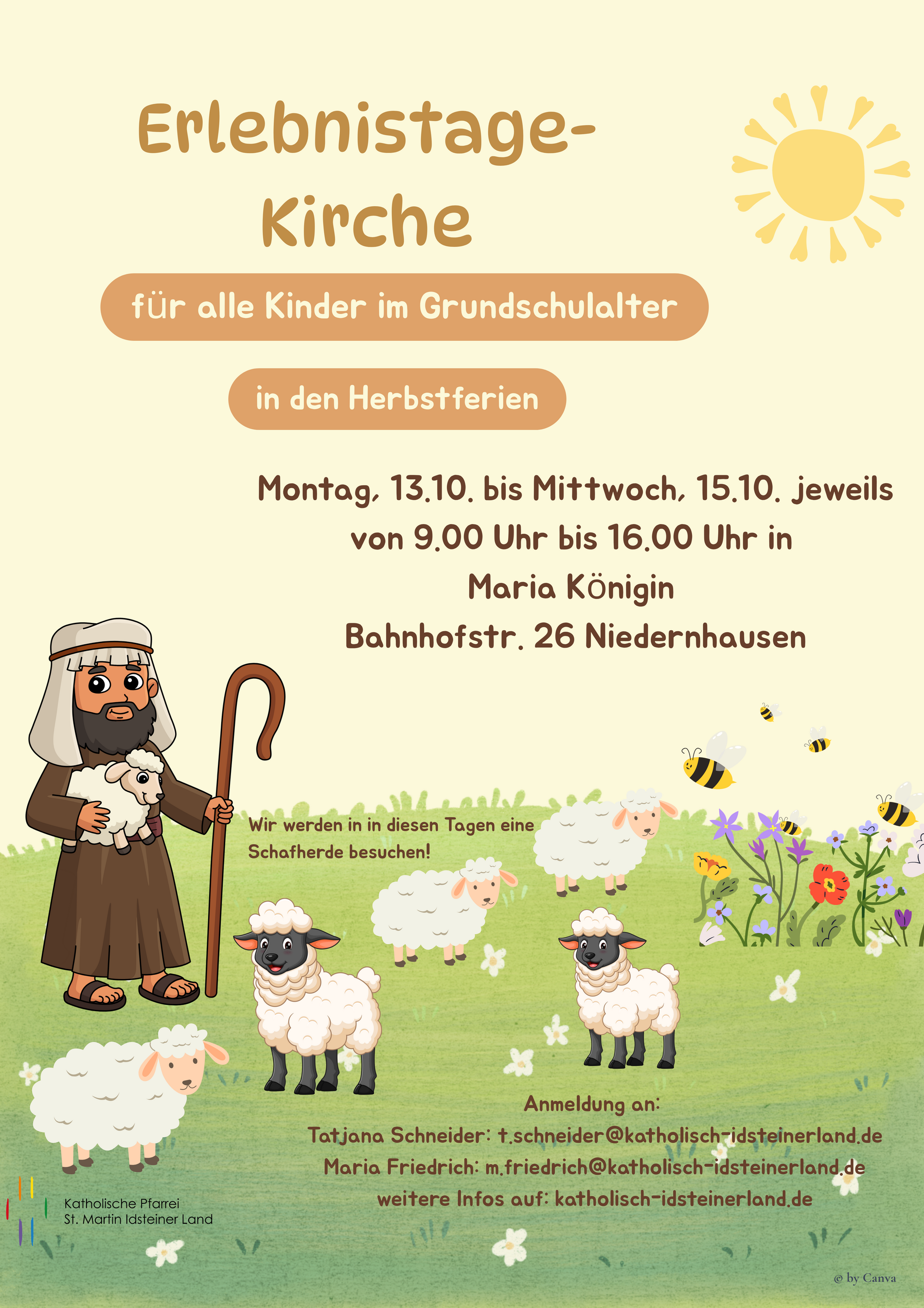 Plakat mit Hirte und Schafen auf einer Wiese