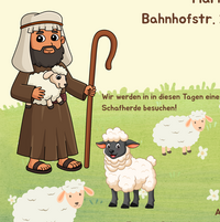 Plakat mit Hirte und Schafen auf einer Wiese