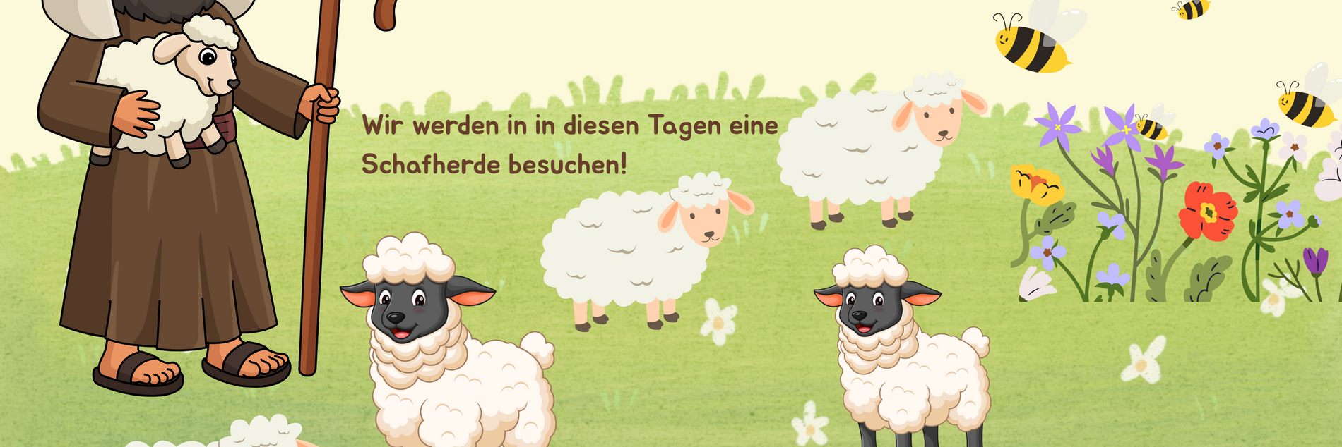 Plakat mit Hirte und Schafen auf einer Wiese