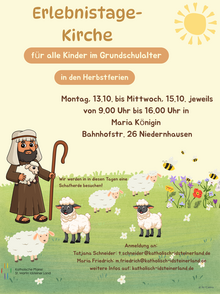 Plakat mit Hirte und Schafen auf einer Wiese