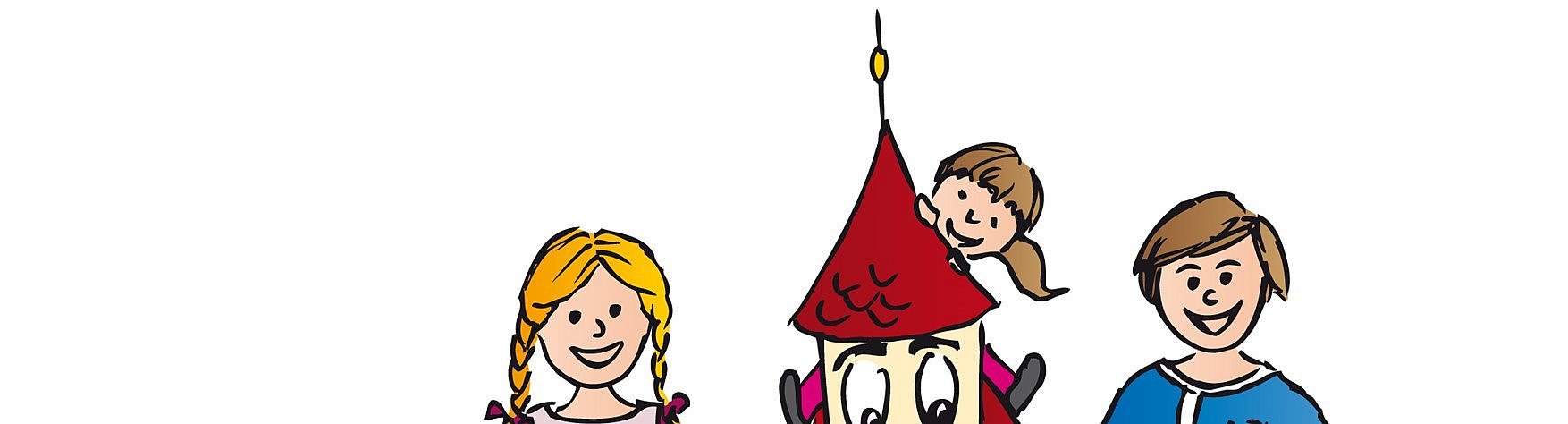 Zeichnung mit drei Kindern die eine Kirche an den Händen halten