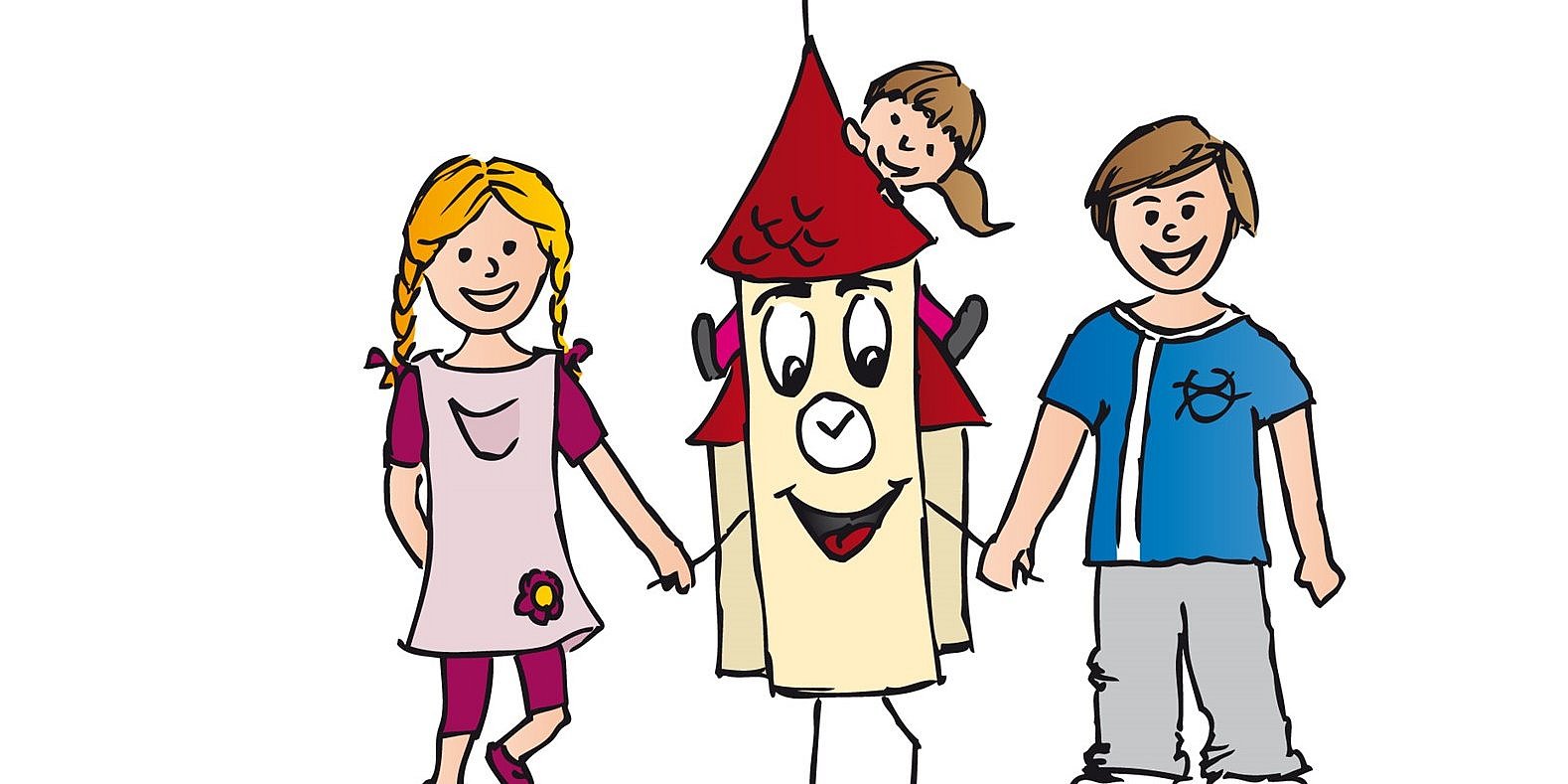 Zeichnung mit drei Kindern die eine Kirche an den Händen halten