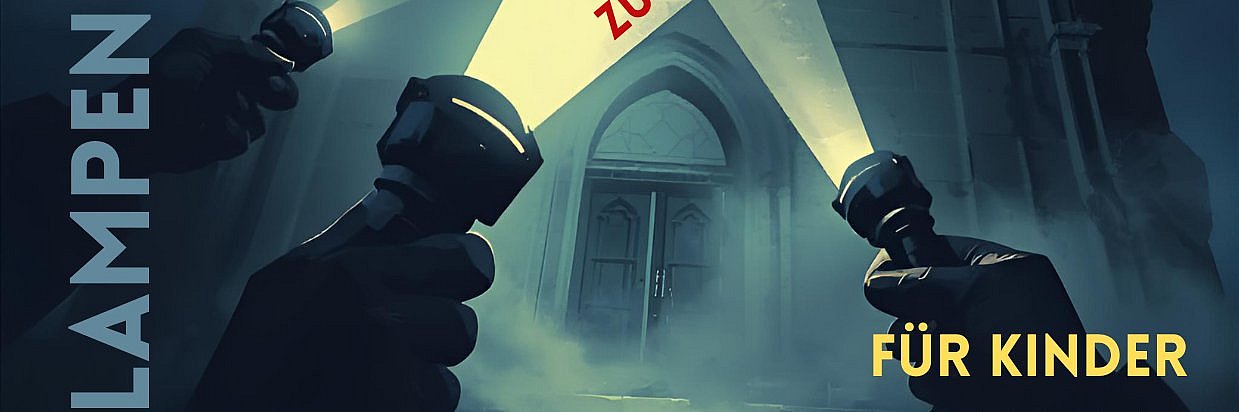 Plakat, Taschenlampen beleuchten eine Kirche, Führung zweiter Termin