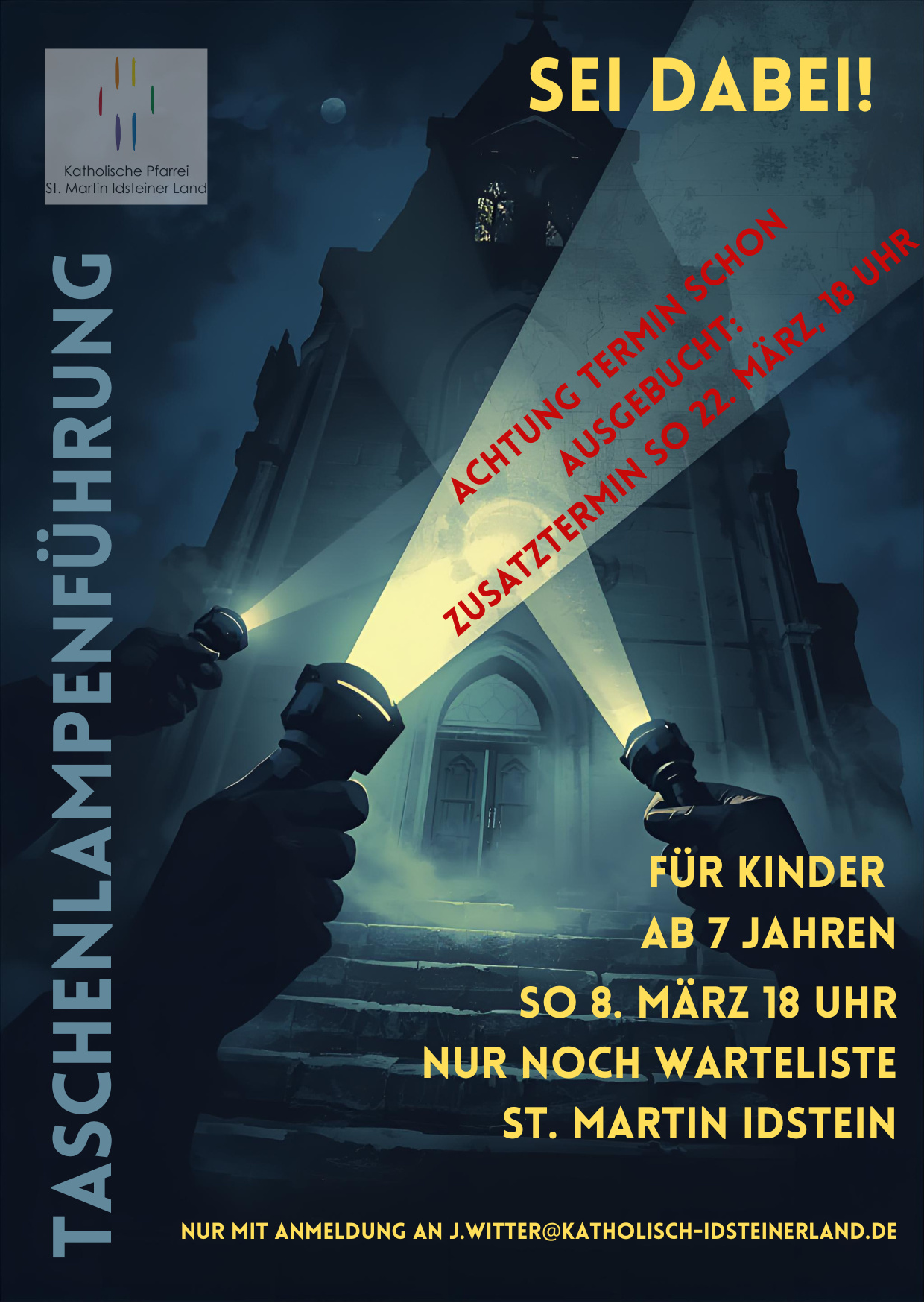 Plakat, Taschenlampen beleuchten eine Kirche, Führung zweiter Termin